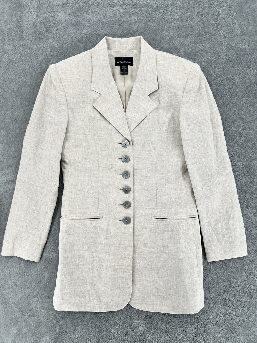 Vintage Moda International Linen Blend Blazer Women's Size 4 Beige Tan Jacket